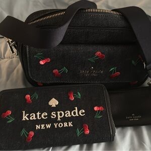 Gently used two times cherry Kate Spade denim purse comes with matching wallet